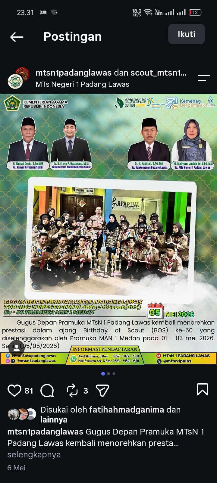 Siswa MTsN 1 Padang Lawas Raih Juara Lomba Pramuka Tingkat Kwarcab